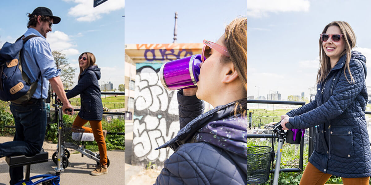 girl drinking from purple cup on a knee walker