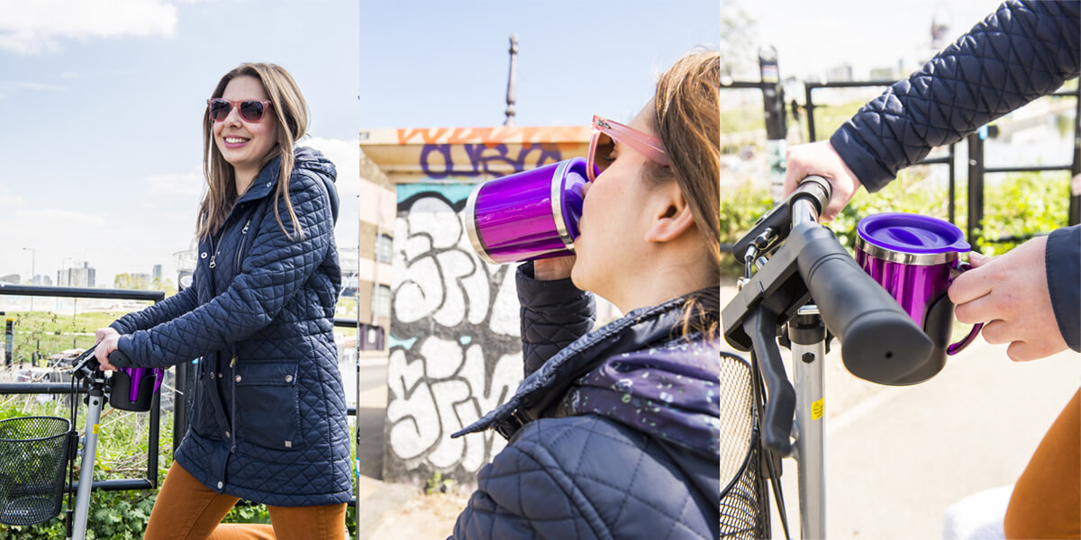 girl drinking from purple cup on a knee walker